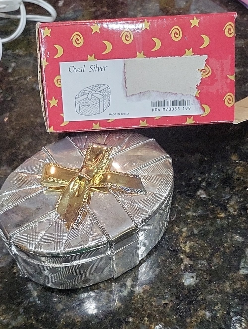 Silver Jeans Oval Silver Jewelry Box with Gold Bow Accent